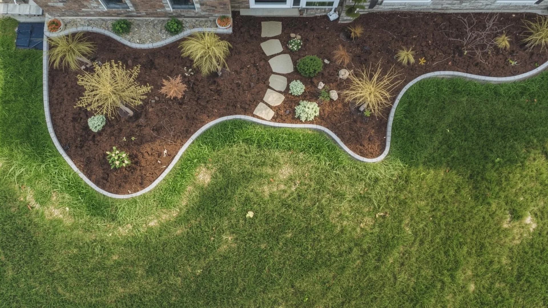 Aerial view of garden bed with brown mulch and stepping stones