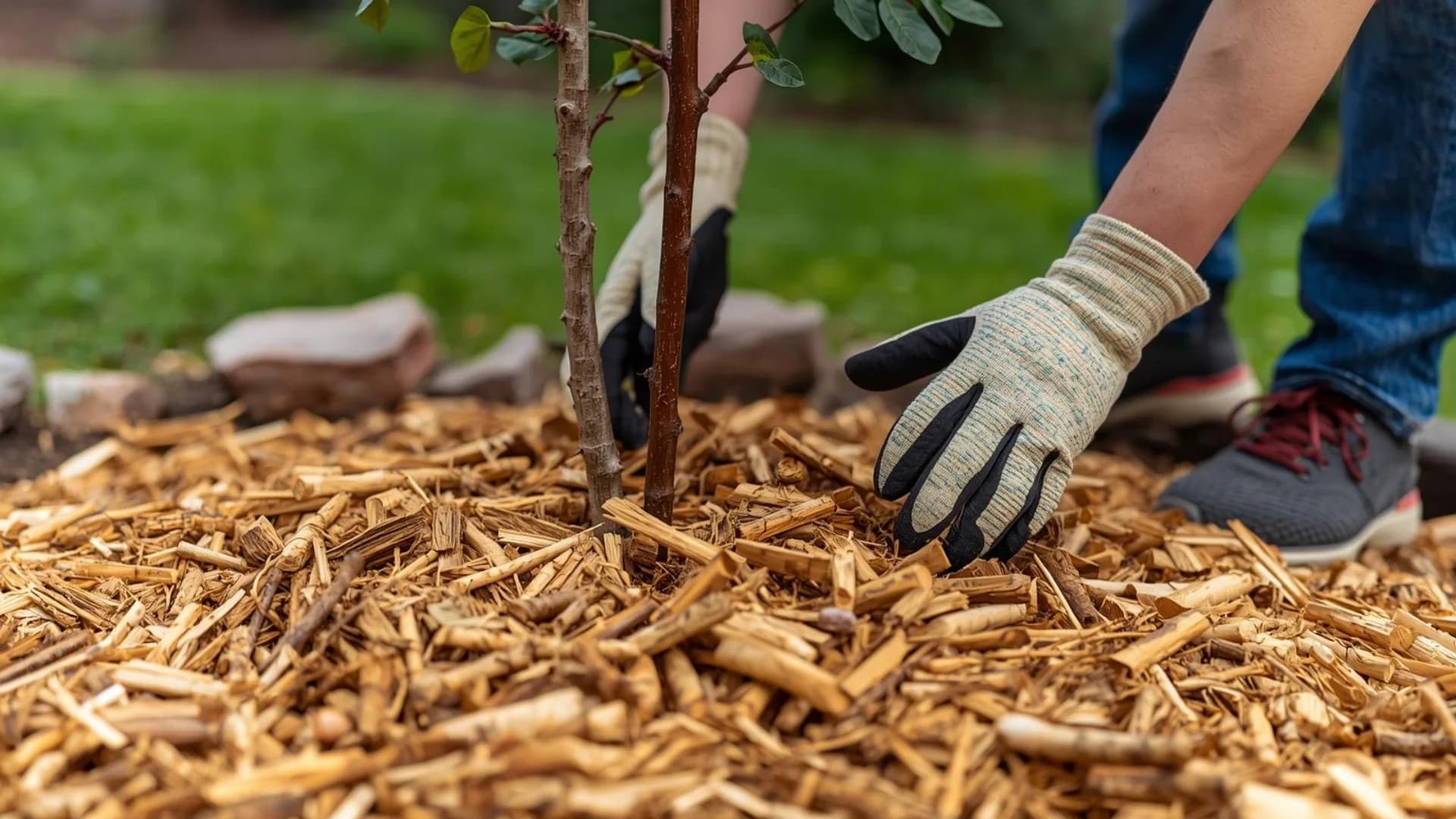 Hands spreading wood chip mulch around the base of a tree