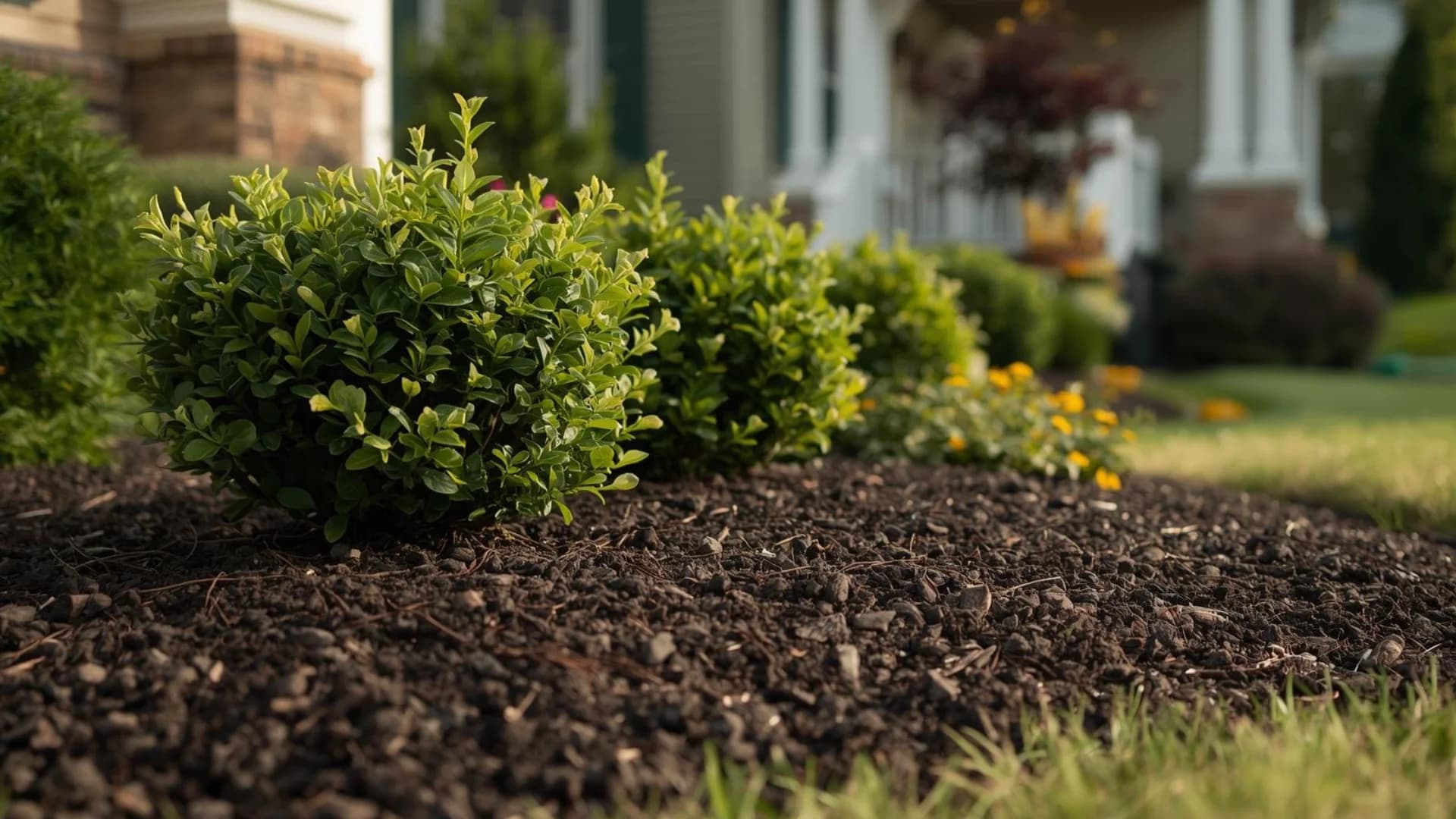 Front yard shrubs with fresh mulch