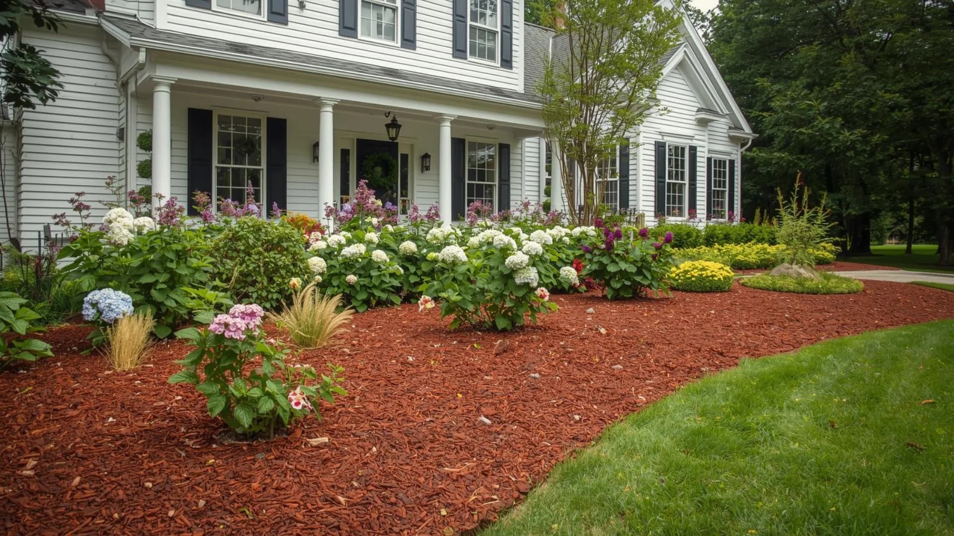 Colonial home with fresh red mulch in flower beds